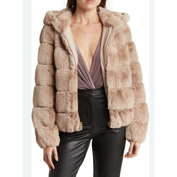 BCBG Maxazria Womens L Tan Faux Fur Quilted Jacket Hooded Luxury Soft Zip New - Picture 2 of 10
